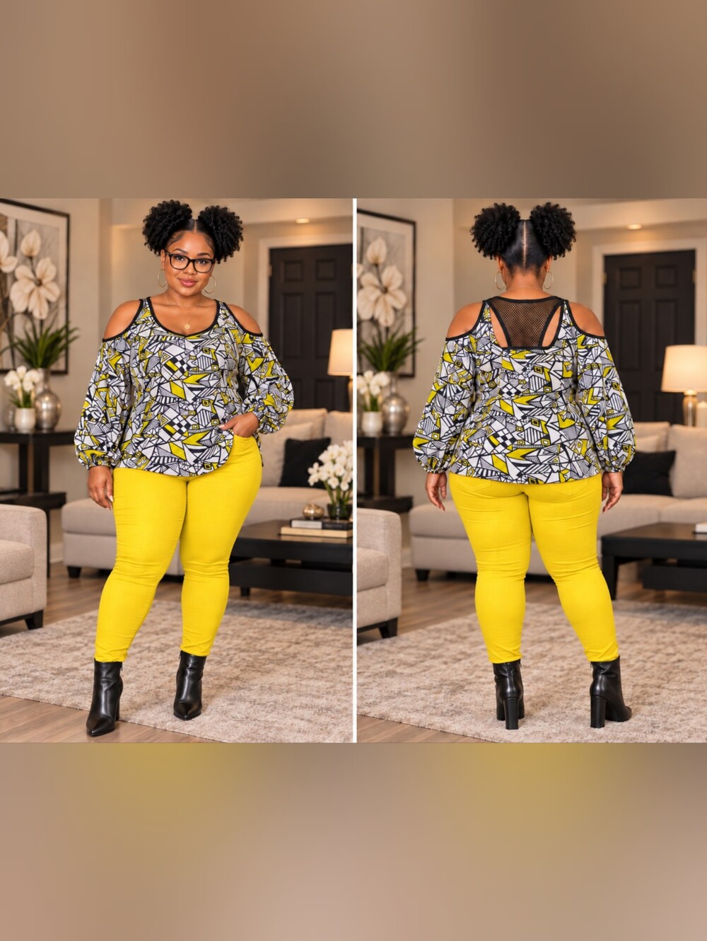 Plus Size Geometric Print Cold Shoulder Long Sleeve Blouse